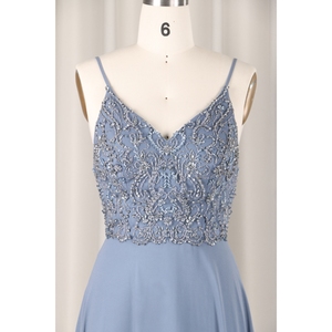 Bụi Màu Xanh Vải Tuyn Đêm Đảng Satin Ăn Mặc Hiện Đại V Không Tay Sang Trọng Voan Trang Phục Chính Thức Dài Đính Cườm Mô Hình Thiết Kế Buổi Tối - Product Image 4