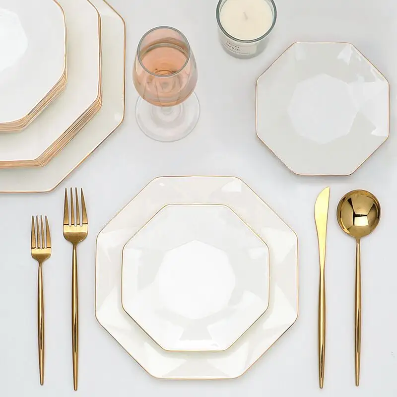 白いレストラン用パーソナルプレート磁器食器装飾ゴールドリム食器セット高級ボーンチャイナディナーセット