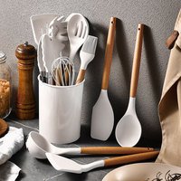 Ensemble d'ustensiles de cuisine en silicone FLYWOD avec manche en bois