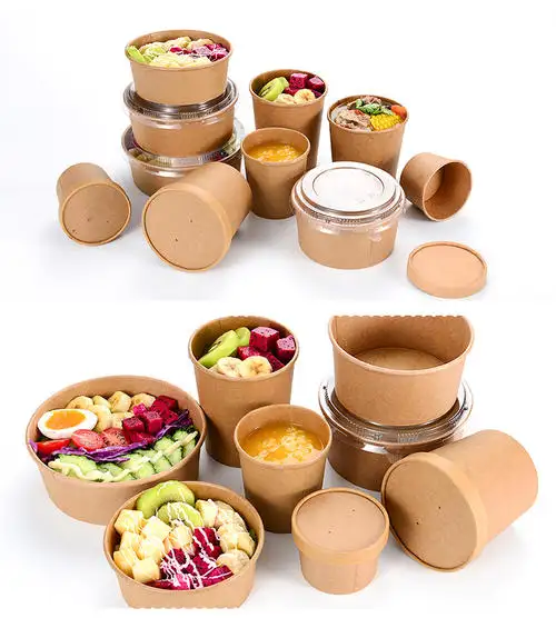 100% Food Grade Eco Disposable Kraft Paper Soup Bowl Cup With Paper LID