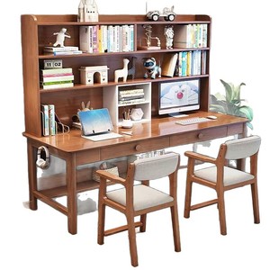 Children's Solid Wood Double <b>Desk</b> With Bookshelf Integrated Study <b>Desk</b> Chair Set Minimalist Design <b>For</b> Home Learning - Product Image 5