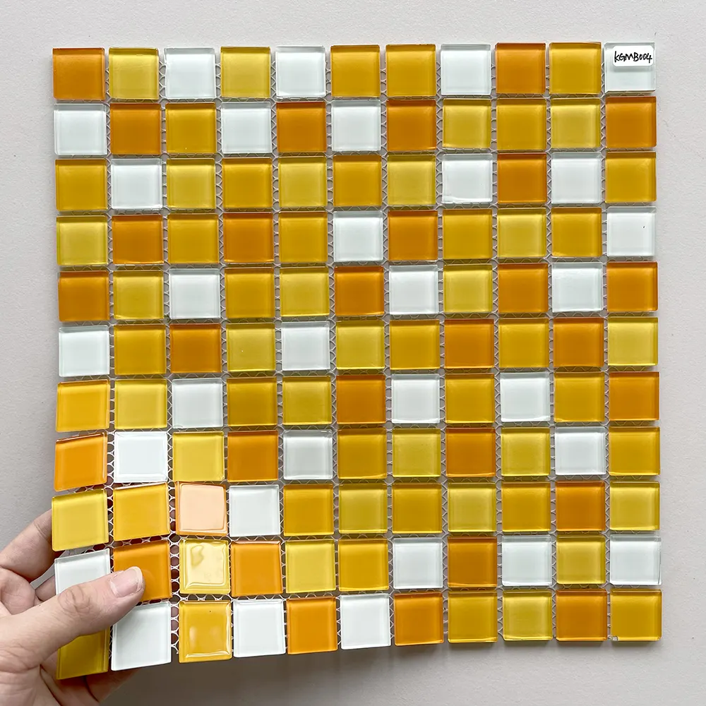 Kewent Cheap Price Swimming Pool Tiles Yellow Crystal Glass Mosaic Tile Wall