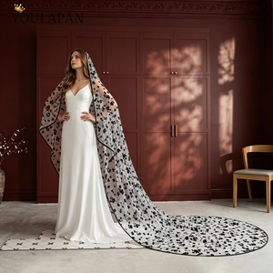 YouLaPan V329 Velo da Sposa Nero in Tulle Floreale, Velo Lungo a 1 Strato con Bordo Nero per la Sposa - Product Image 2