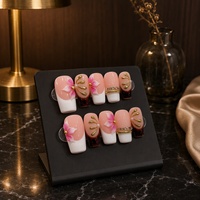 Kuku Palsu 3D Bunga Rhinestone French Tip Pink Putih Grosir, Buatan Tangan untuk Salon Kecantikan