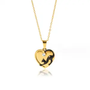 Yiwu Aceon Stainless Steel Miaow Pet Lover Cute Mini Heart Black Jump Cat Birthstone Gold Cat Heart Pendant