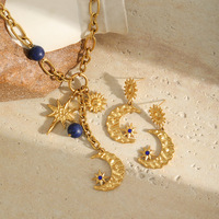 Ensemble de bijoux collier et boucles d'oreilles en acier inoxydable plaqué or massif avec lapis-lazuli naturel, motif soleil, lune et étoile, pour femme, idéal comme cadeau - Vente chaude