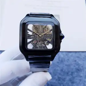 Reloj de pulsera mecánico de acero inoxidable para hombre con esqueleto dorado de alta calidad