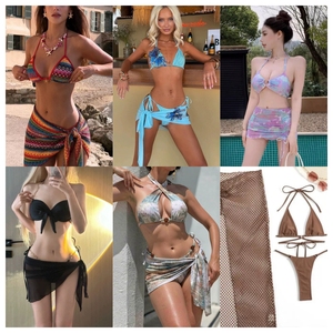 Ensemble bikini 3 pièces pour femme à imprimé floral, avec haut bandeau halter et bas asymétrique, maillot de bain extensible – Fournisseur d'usine - Product Image 1