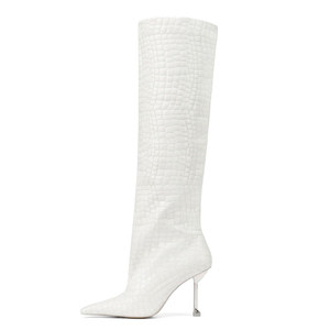 Animal Prints Women's Silver Kitten Heels <b>Long</b> Boots Pointed Toe Fashion Knee High Booties Straight Upper on Shoes - Product Image 2