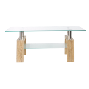 Tavolino da Caffè <span class=keywords><strong>in</strong></span> <span class=keywords><strong>Vetro</strong></span> a Doppio Strato, Moderno <span class=keywords><strong>Tavolo</strong></span> Centrale per Soggiorno con Ripiano Portaoggetti <span class=keywords><strong>e</strong></span> Gambe <span class=keywords><strong>in</strong></span> <span class=keywords><strong>Legno</strong></span> Lavorato, Supporto OEM - Product Image 3