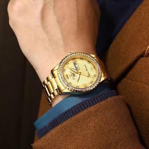 Fngeen S888 impermeable doble calendario semana fecha pantalla moda negocios luminoso completo oro diamante redondo gran esfera hombres Relojes - Product Image 3