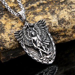 yunnique Stainless Steel Saint Michael Shield Pendant Necklace Men's Fashion Jewelry <b>Cross</b> Design Gift - Product Image 3