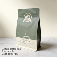 Sachet de café à fond plat personnalisé, finition mate avec valve et fermeture éclair, emballage en aluminium haute barrière