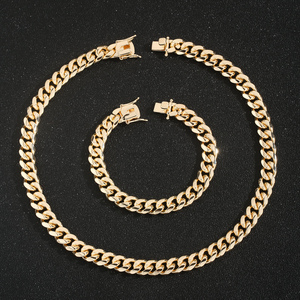 Parure <span class=keywords><strong>de</strong></span> bijoux en laiton plaqué or 14K, collier chaîne maille cubaine <span class=keywords><strong>Miami</strong></span> et bracelet à fermoir mousqueton, pour hommes et femmes, style Hip Hop, vente en gros - Product Image 1