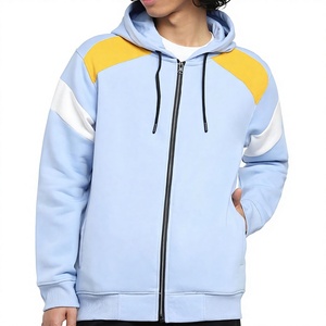 Sweat à capuche zippé pour homme, color block, manches raglan, décontracté, bleu clair, jaune, blanc, coupe classique, pour l'automne - Product Image 1