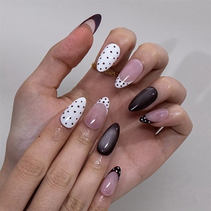 Nuevas <span class=keywords><strong>uñas</strong></span> postizas personalizadas con diseño de lunares, estilo ojo de gato francés, hechas a mano, de acrílico, cobertura completa, <span class=keywords><strong>uñas</strong></span> postizas a presión, <span class=keywords><strong>uñas</strong></span> postizas al por mayor, <span class=keywords><strong>uñas</strong></span> adhesivas para decoración de <span class=keywords><strong>uñas</strong></span>. - Product Image 1