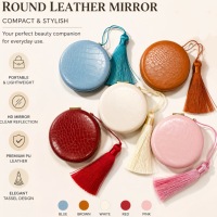 Leather Keychain Mirror Custom Logo Luxury Leather Print Mirror Keychain PU Leather Round Folding Makeup Mirror Keychain Custom