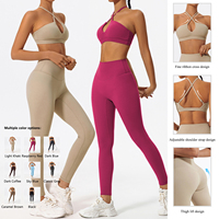 Set Yoga 2 Potong Wanita, Bra Olahraga Tali Halter, Legging Pinggang Tinggi Model Scrunch Butt, Cepat Kering, Cetak Transfer Panas di Bagian Depan