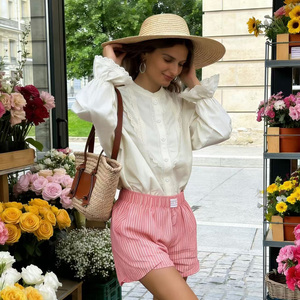 Blusa Blanca para Mujer con Ribete de Encaje, Manga Abullonada, Cuello Camisero, Corte Holgado, Estilo Prairie Chic, Top de Primavera/Verano - Product Image 5