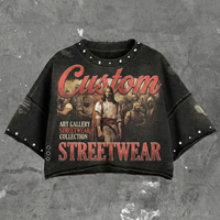 Camiseta Personalizada con Efecto Desgastado, Camiseta Vintage Lavada al Ácido, Camiseta de Algodón con Estampado Gráfico, Camiseta con Pedrería, Corte Holgado para Hombre