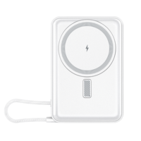 Support magnétique pliable avec batterie externe 15W à charge rapide sans fil, entrée Type-C, câble intégré et cordon anti-perte