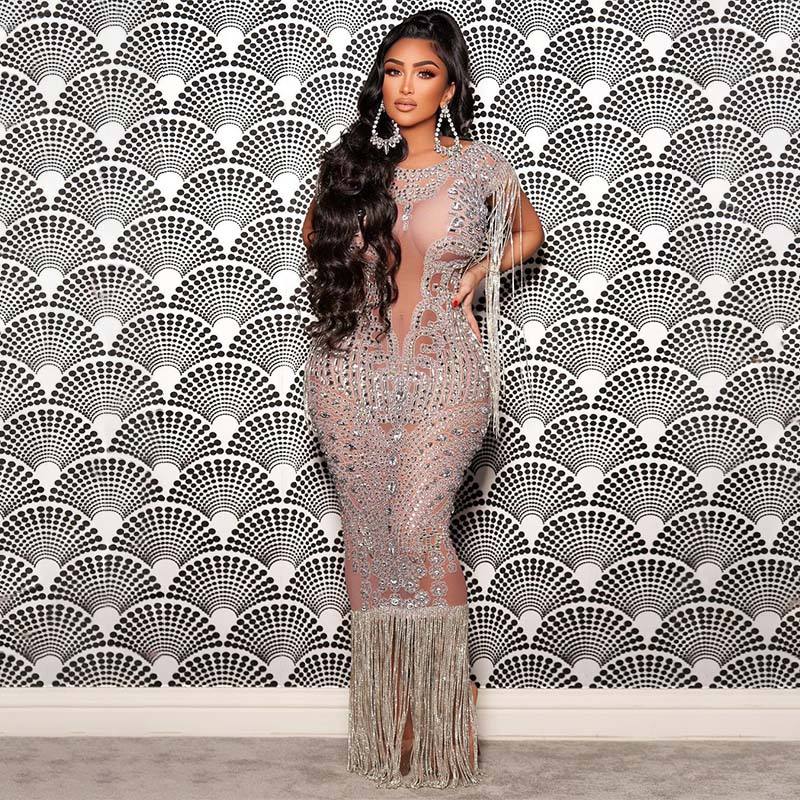 Fringe Formal Dress Elegant Long Sleeve Bodycon Style