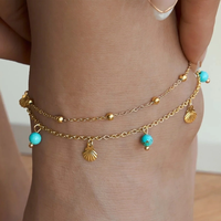 Nouveaux bijoux d'été à la mode 18K plaqué or en acier inoxydable coquille cheville Turquoise pierres perles cheville pour les femmes