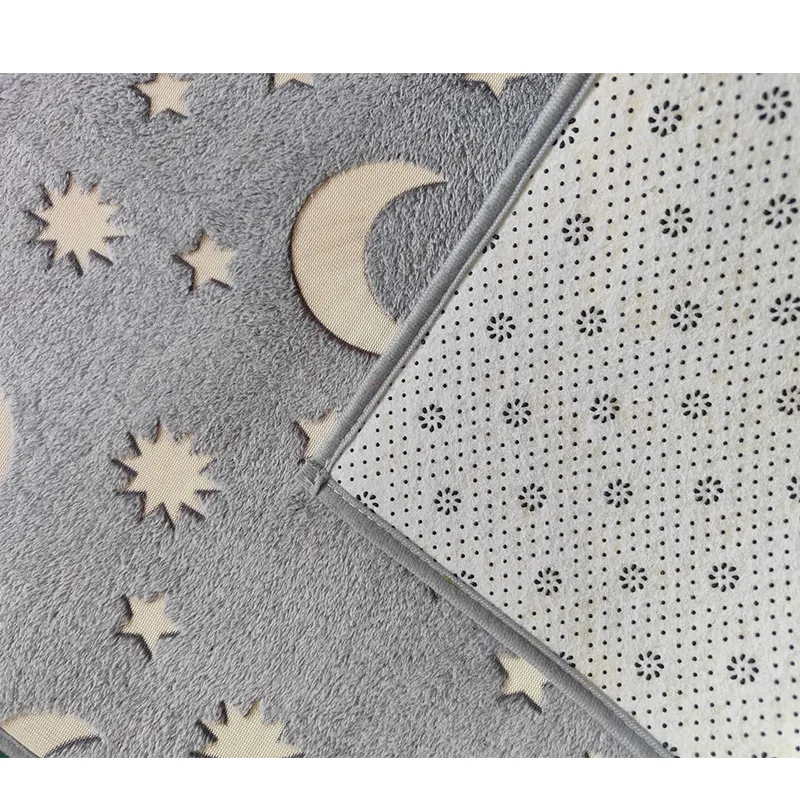 grey color soft glow in dark rug and carpet with moon and star design