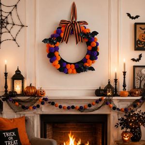Party <b>Decor</b> With Bat and Striped Bow Front <b>Door</b> Hanging Garland Halloween Pom Wreath - Product Image 3