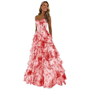 S3413N 2026 Nuovo Vestito da Sera da Donna a Trapezio con Stampa Floreale, Corsetto e <span class=keywords><strong>Spacco</strong></span> Frontale, Gonna Lunga con Volant, Ideale per Feste - Product Image 6