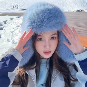 Gorro de invierno cálido y grueso de felpa para mujer, estilo Lei Feng, con orejeras, imitación de piel de visón del noreste, pelo largo, azul, gris, rosa - Product Image 3