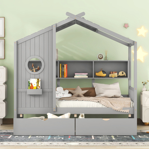 Lit superposé moderne en bois pour enfant avec 2 tiroirs, lit enfant avec étagère de rangement, gris - Product Image 2