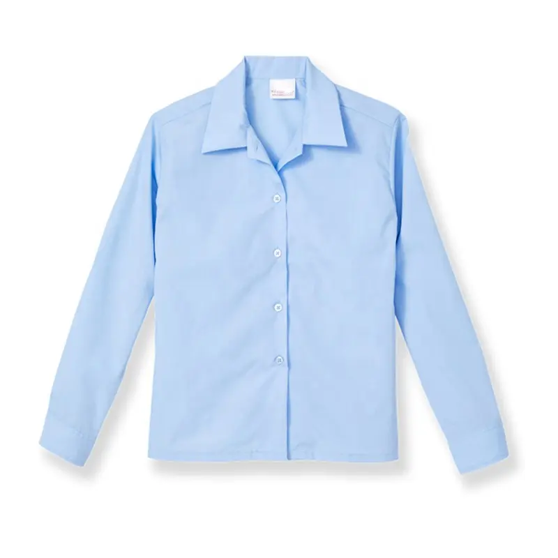 Blus seragam sekolah biru muda kustom untuk anak perempuan kemeja anak-anak polos poliester katun tenun untuk pakaian sekolah Formal anak-anak
