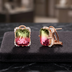 Boucles d'oreilles clous en argent 925 plaqué rhodium, serties de zircone cubique imitation tourmaline pastèque taille émeraude, cadeau pour mariage et fête - Product Image 3