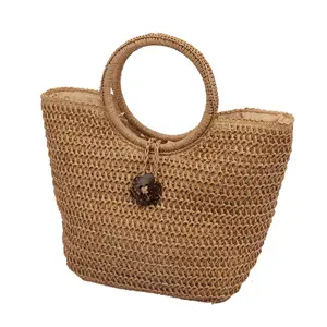 High quality casual lady beach handbag with round handle made of paper straw material wooden clasp design