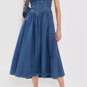 Vestido de Mezclilla Ecológico de Verano, Elegante, Corte A, Casual, para Mujer, Ajustado, Sin Mangas, con Parches, Tejido, para Uso Diario - Product Image 5