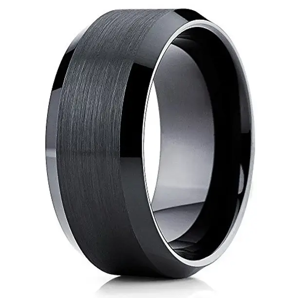 8MM Brushed and Matte Finish Beveled Edge Black Tungsten Carbide Ring