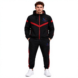 Ensemble de survêtement pour homme, sweat à capuche léger à fermeture éclair noir et rouge imprimé, avec pantalon de jogging, vêtements de sport - Product Image 1