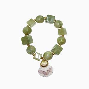 Fashion Beaded <b>Bracelet</b> Green Stone Cube And Sphere With <b>Shell</b> Pendant PVD Gold Plated 316L Stainless Steel Sustainable - Product Image 1