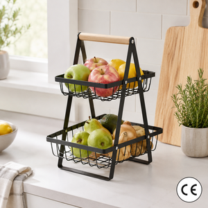 Cesta de Frutas Metálica de 2 Niveles OEM con Asa de Madera, Estante de Almacenamiento de Verduras para Encimera, Organizador de Despensa de Cocina - Product Image 1