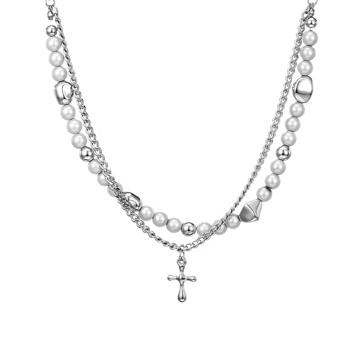 LAVMESO Men's Double Layer Pearl Cross Necklace - Trendy And High-End Jewelry For Boys - Stacked Clavicle Chain With Unique Desi
