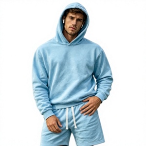 Men's Light Blue Hooded <b>Fleece</b> <b>Sweatshirt</b> and Pants Set Casual Autumn Wear Solid Color Tracksuit - Product Image 2