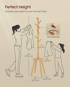 VASAGLE Tree Shape <strong>Wood</strong> Coat Stand 67" Tall Clothes Rack with 8 Hooks &amp; <strong>Shelf</strong> for Wardrobe Bedroom Bathroom - Product Image 5