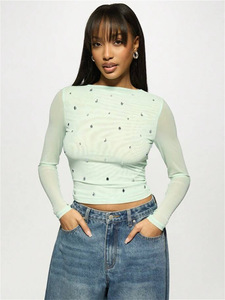 New Womens Mesh Long Sleeved Slim Solid Color <strong>T</strong> <strong>Shirt</strong> with Sequin Decoration <strong>Sparkly</strong> Party Night Out Bodycon - Product Image 5