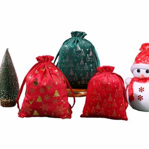 Factory Wholesale <b>Red</b> Velvet String Pouch Soft Flannel Christmas <b>Gift</b> <b>Bag</b> with Gold Printing Recyclable Christmas Decorations - Product Image 1