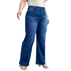 Pantalones Vaqueros Casuales de Talle Grande de Alta Calidad, Cintura Alta, Azul Oscuro, Rectos, Elásticos, de Pierna Ancha, para Verano, Buen Precio, para Mamás - Product Image 3