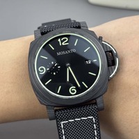 Jam Tangan Otomatis Pria untuk Luar Ruangan, Casing Serat Karbon, Dial Hitam, Hijau Bercahaya, Tanggal, Tali Nilon Hitam, Jam Mekanik