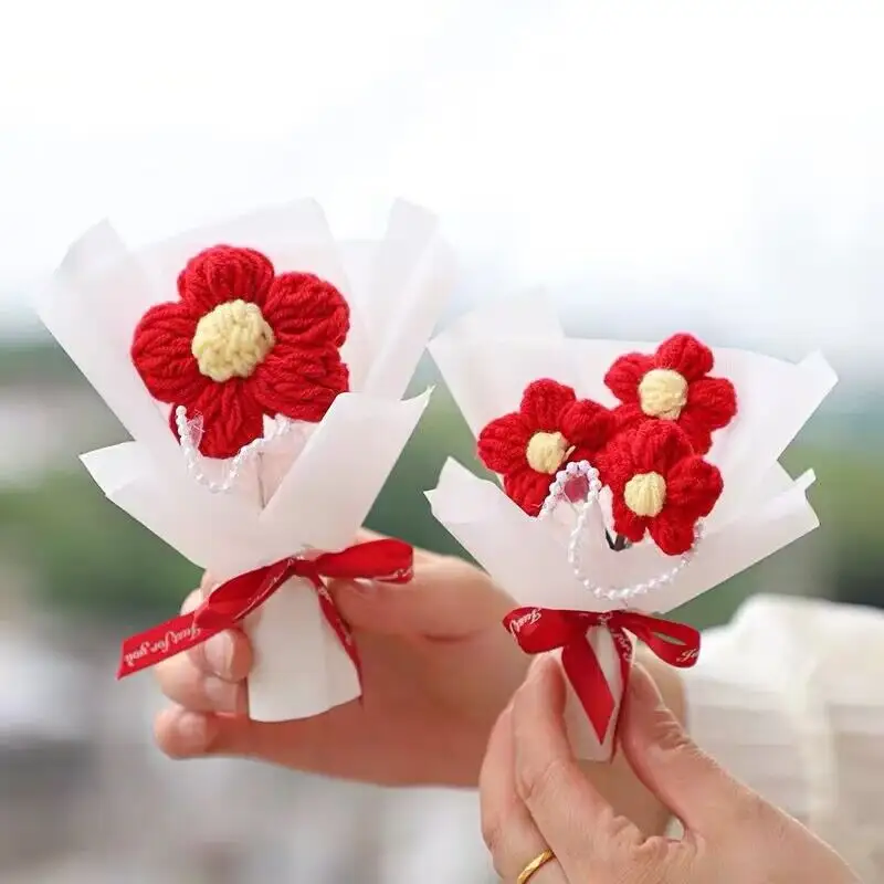 여자 친구를위한 작은 장식 꽃 보존 선물 인공 꽃 수제 양모 니트 꽃 크로 셰 뜨개질 꽃 꽃다발