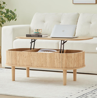 Table basse ovale moderne avec plateau relevable et rangement, en bois cannelé, mobilier de salon, vente en gros pour appartement et hôtel