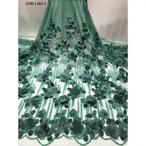时尚设计绿色法国3D花卉刺绣薄纱蕾丝面料亮片蕾丝服装配件